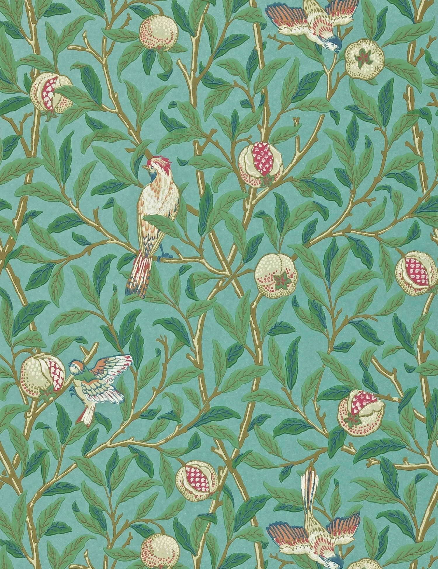 darw212538_1.jpg Lulu And Georgia Morris & Co. Bird And Pomegranate Wallpaper, Turquoise/Coral Swatch