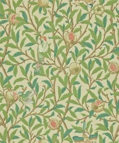 Lulu And Georgia Morris & Co. Bird And Pomegranate Wallpaper, Bay Leaf/Cream Swatch
