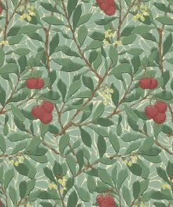 Lulu And Georgia Morris & Co. Arbutus Wallpaper, Dark Green/Red Swatch