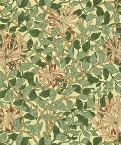 Lulu And Georgia Morris & Co. Honey Suckle Wallpaper, Green Coral Pink Swatch